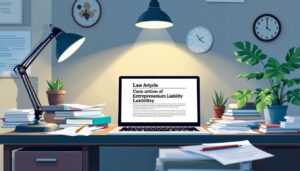 Een rommelig kantoor met juridische documenten, boeken en een open laptop.