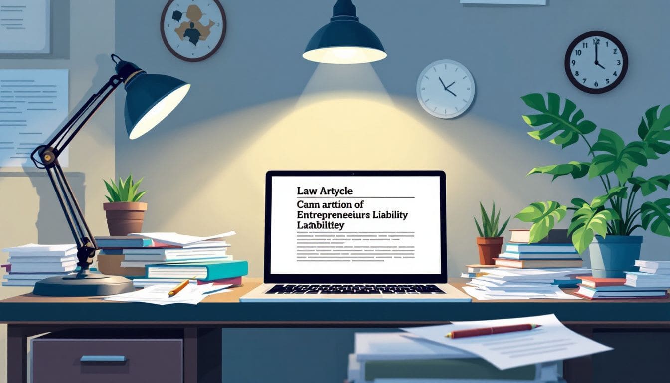 Een rommelig kantoor met juridische documenten, boeken en een open laptop.