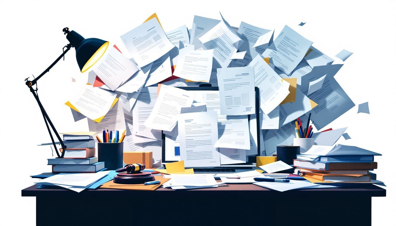 Een rommelig kantoorbureau met verspreide documenten en kantoorbenodigdheden.