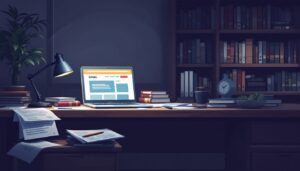 Een rommelig kantoor met juridische documenten en een open laptop.