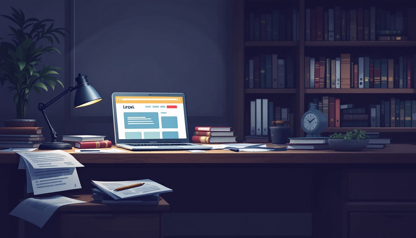 Een rommelig kantoor met juridische documenten en een open laptop.