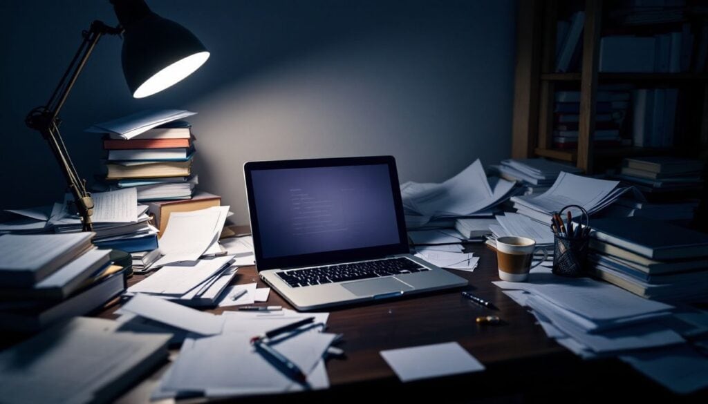 Een rommelig kantoorbureau met stapels papierwerk, boeken en een laptop.