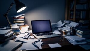 Een rommelig kantoorbureau met stapels papierwerk, boeken en een laptop.