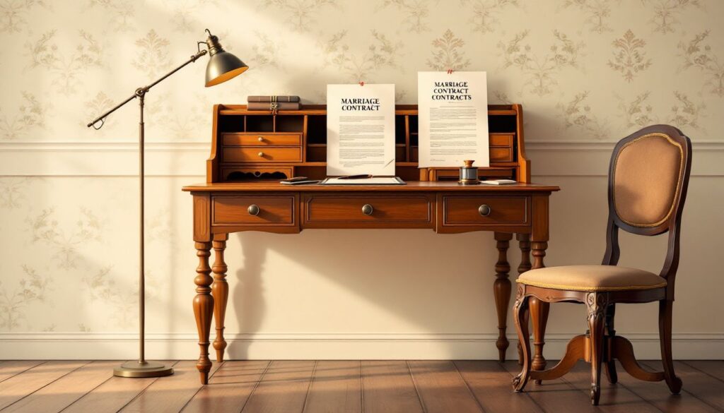 Een vintage stijl kantoor met houten bureau en juridische documenten.