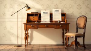 Een vintage stijl kantoor met houten bureau en juridische documenten.