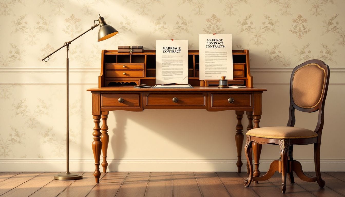 Een vintage stijl kantoor met houten bureau en juridische documenten.