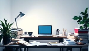 Een druk en informeel juridisch consultatiekantoor met papieren en laptop.