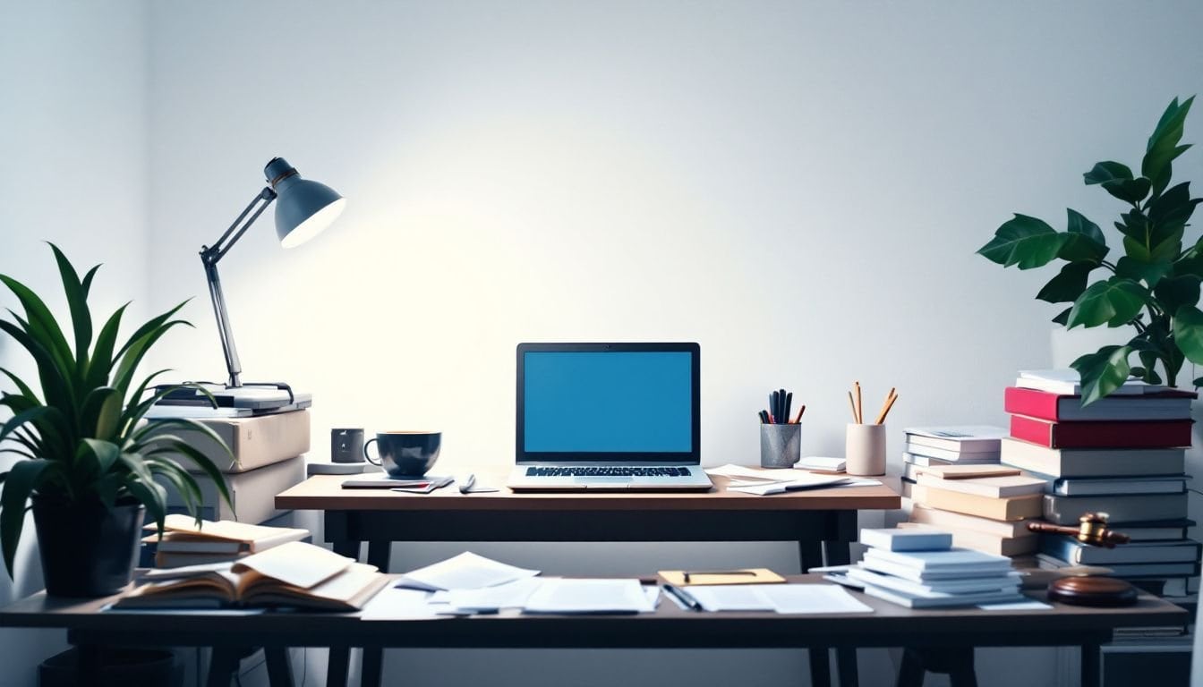 Een druk en informeel juridisch consultatiekantoor met papieren en laptop.