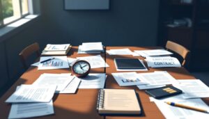 Een rommelig bureaublad vertegenwoordigt de complexiteit van arbeidsvoorwaarden na een fusie.