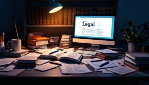 Een rommelig bureau met juridische documenten, een computer en wetboeken.