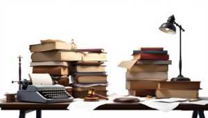 Een rommelig bureau met juridische documenten, een gavel en oude dossiers.