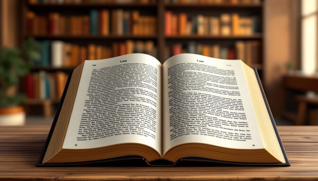 Een open wetboek op een houten tafel in een gezellige bibliotheek.