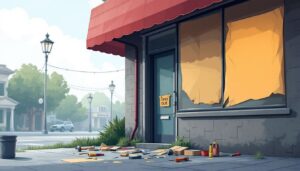 Een oude winkelbord wordt vervangen door een nieuwe.