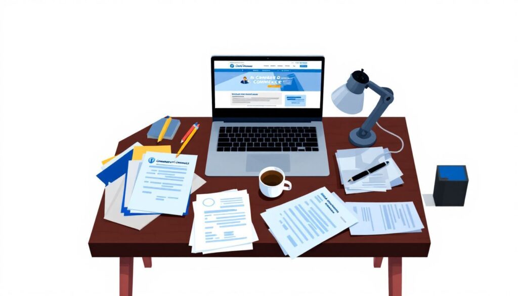 Een rommelig kantoor met registratiepapieren, een laptop en een koffiemok.