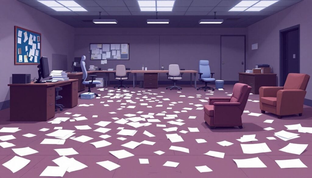 Een verlaten kantoorruimte met verspreide papieren en verwaarloosd meubilair.