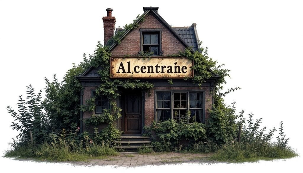 Een verlaten Nederlands grachtenpand met verwaarloosde uitstraling.