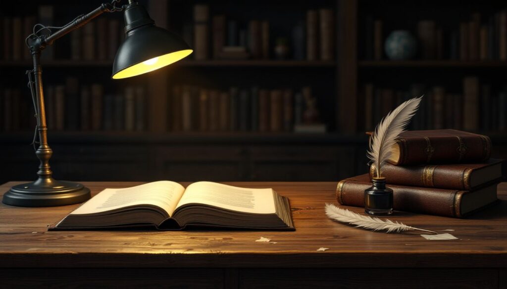 Een vintage quill en inkt set op een antiek bureau met een open ledergebonden boek.