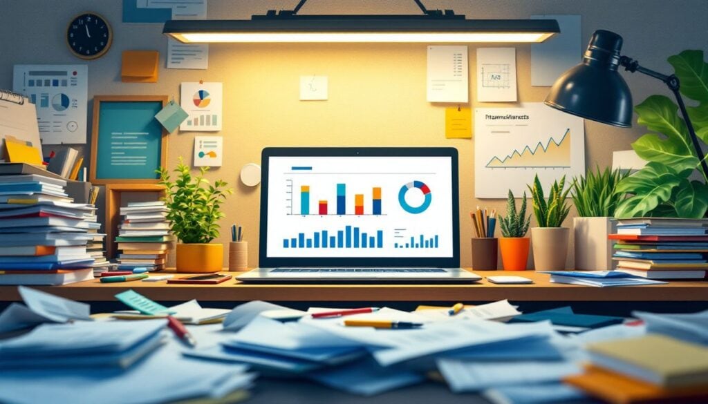 Een rommelig kantoor vol papierwerk en een open laptop met financiële grafieken.