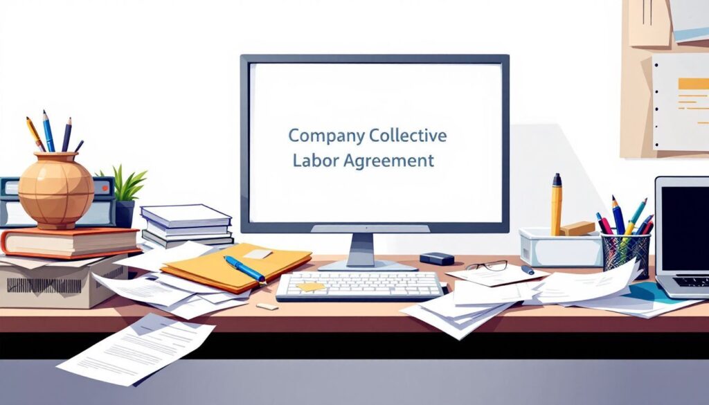 Een rommelig kantoorbureau met belangrijke documenten en kantoorbenodigdheden.