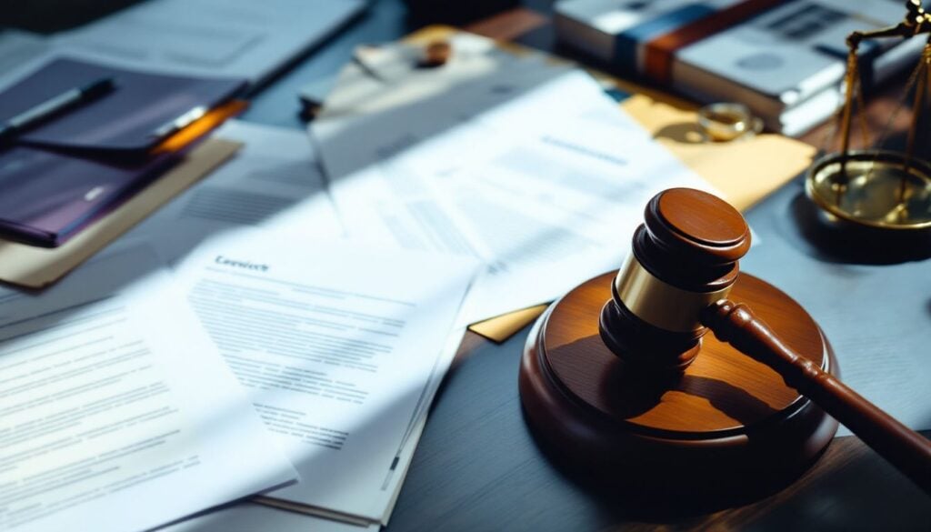 Een bureau in de Ondernemingskamer van Amsterdam, met juridische documenten, een hamer en een weegschaal van gerechtigheid.