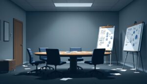 Een lege vergaderzaal met rommelig bureau en whiteboard vol aantekeningen.