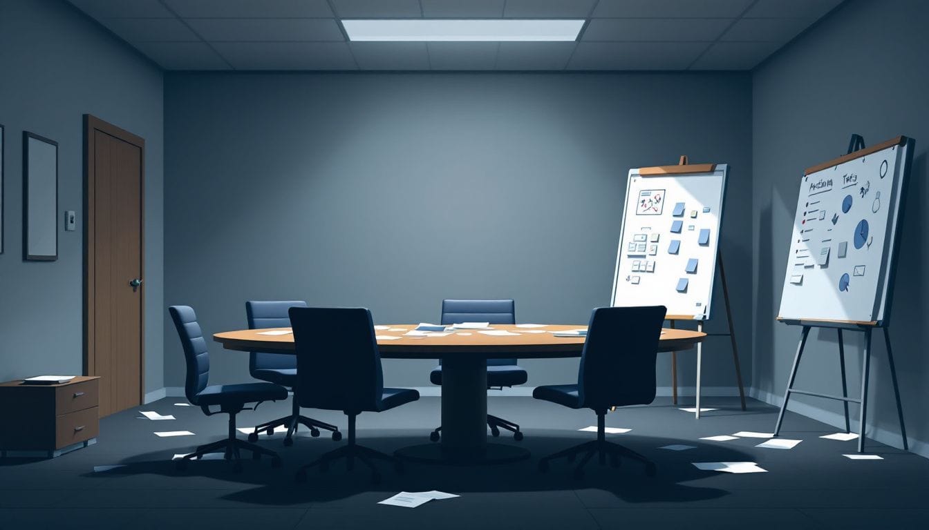 Een lege vergaderzaal met rommelig bureau en whiteboard vol aantekeningen.