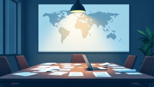 Een rommelige vergaderkamer met een wereldkaart aan de muur.