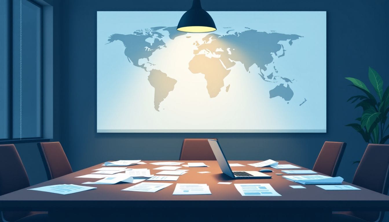 Een rommelige vergaderkamer met een wereldkaart aan de muur.