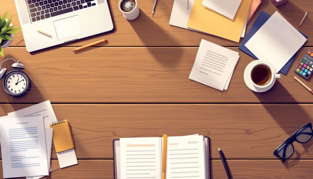 Een rommelig bureau met papierwerk, laptop en koffie voor genderbepaling discussie.