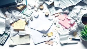 Een rommelig kantoorbureau met verspreide papieren en documenten.