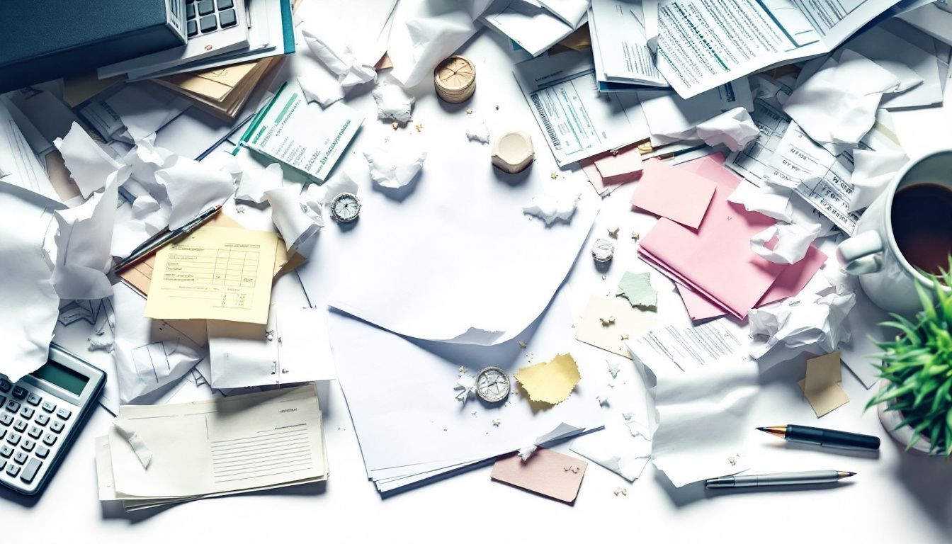 Een rommelig kantoorbureau met verspreide papieren en documenten.