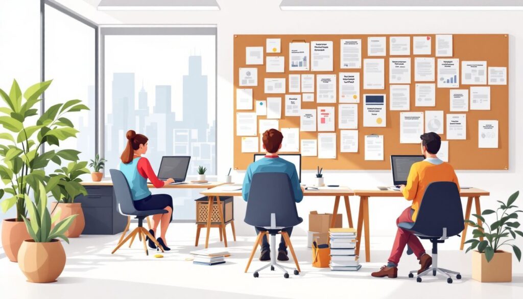 Een kantooromgeving met een grote bedrijfslogo, overvolle bureaus en werknemers.