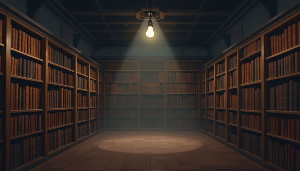 Een oude, stoffige wettenbibliotheek met leren boeken op houten planken.