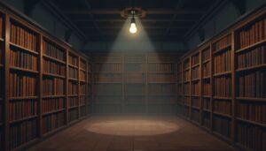 Een oude, stoffige wettenbibliotheek met leren boeken op houten planken.