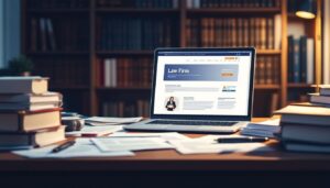 Een rommelig advocatenkantoor met documenten en boeken.