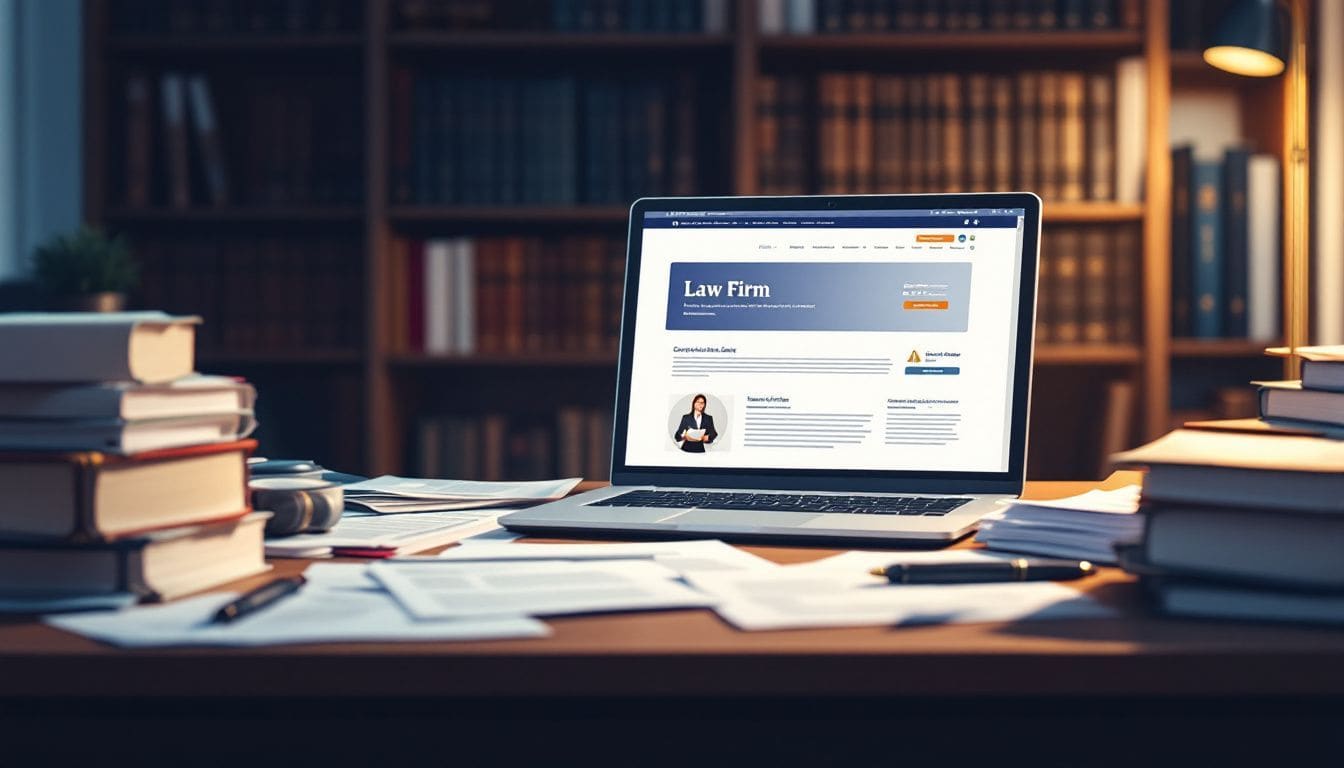 Een rommelig advocatenkantoor met documenten en boeken.