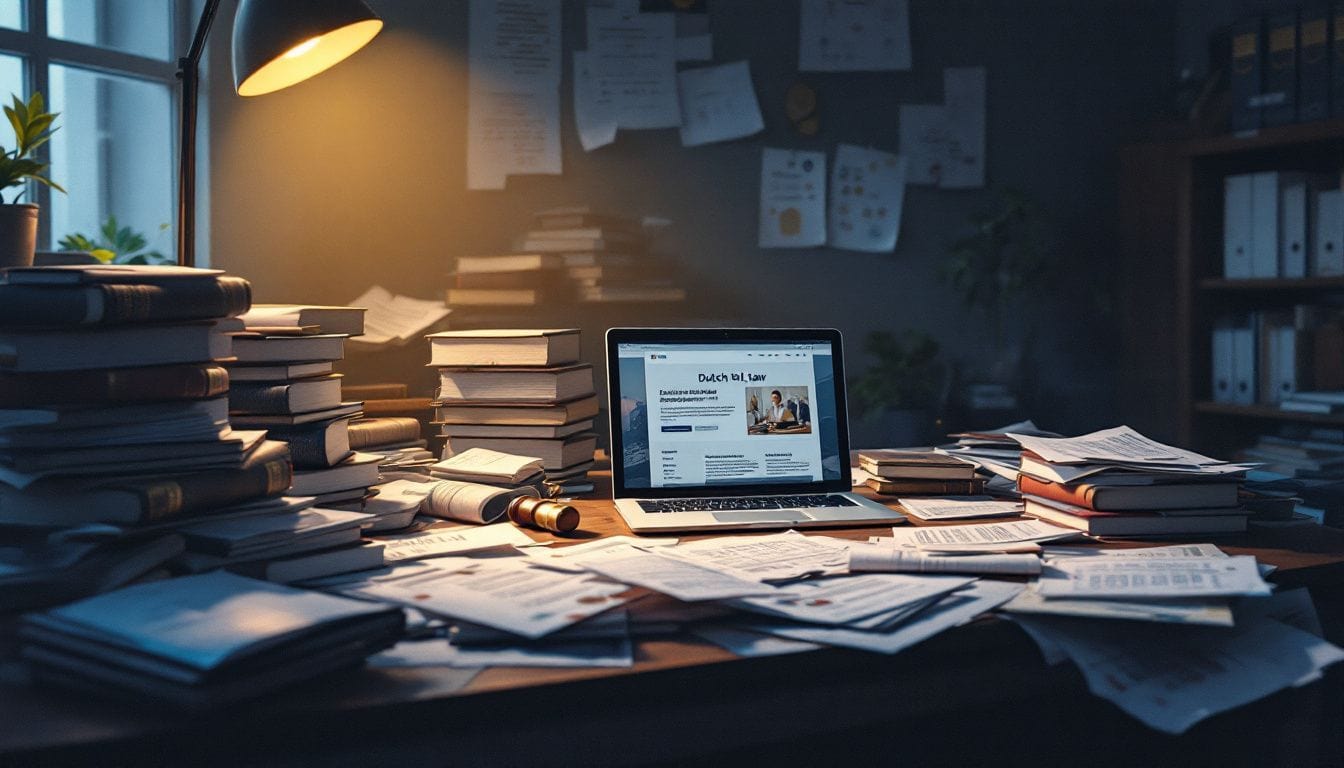 Een rommelig bureau in een druk en chaotisch kantoor.