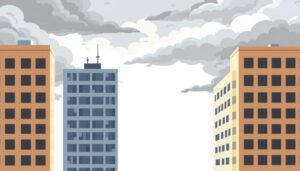 Twee kantoorgebouwen fuseren onder een stormachtige lucht.