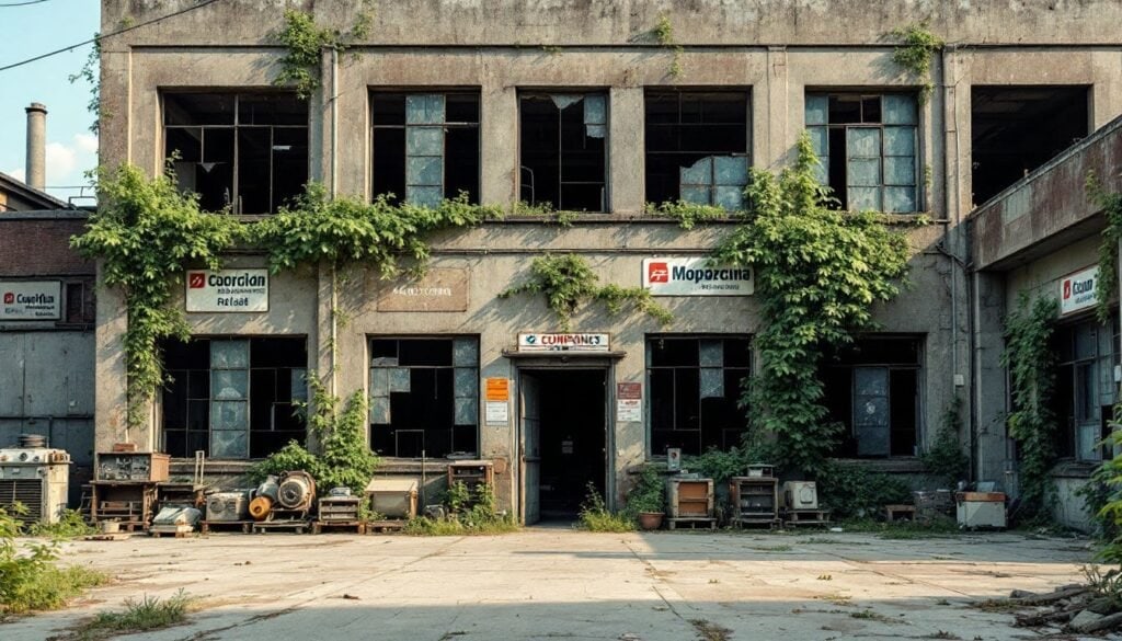 Een verlaten fabrieksgebouw met overwoekerde muren en kapotte ramen.