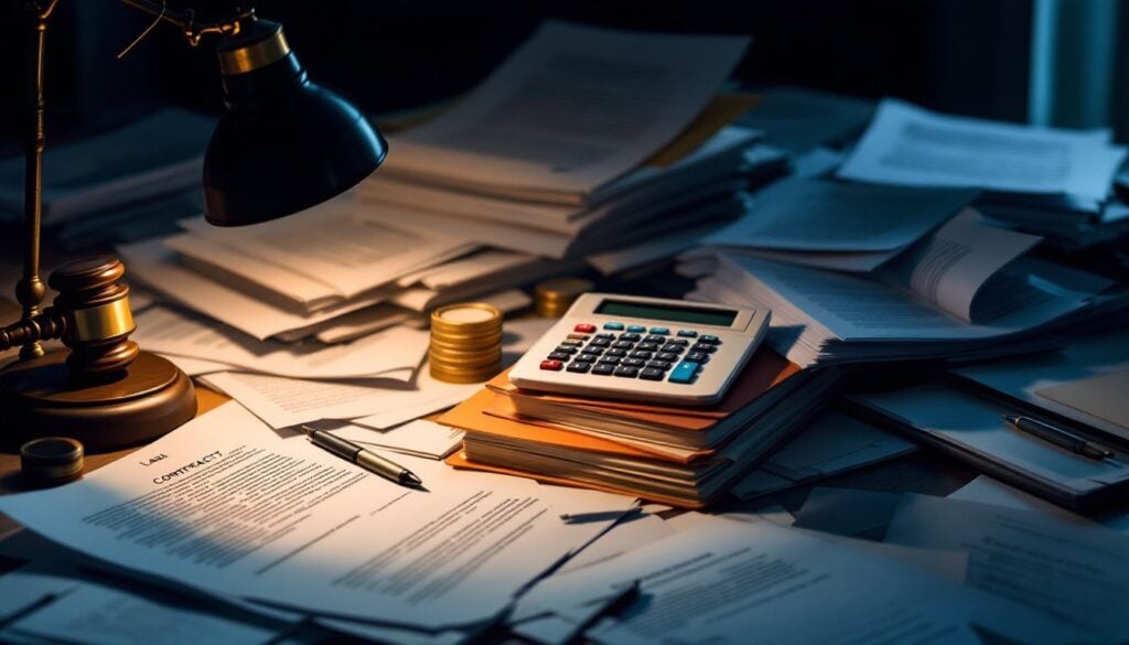 Een rommelig bureau met juridische documenten en een rekenmachine.