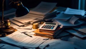 Een rommelig bureau met juridische documenten en een rekenmachine.