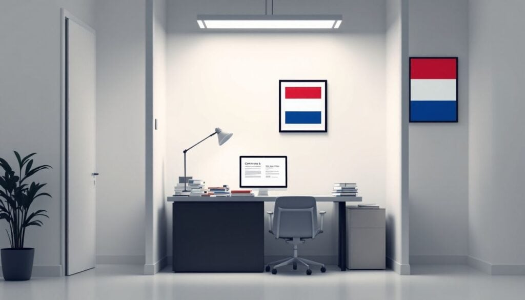 Een lege kantoorruimte met juridische documenten en een Nederlands vlag.