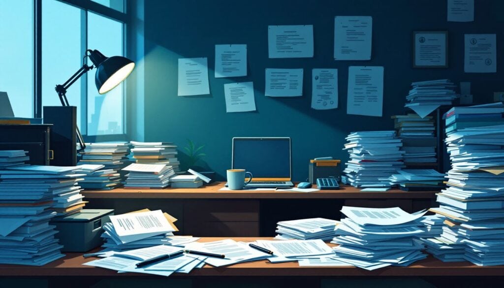 Een rommelig kantoorbureau met stapels juridische documenten over de rechten van zieke werknemers.