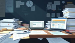 Een rommelig kantoor met stapels documenten en een open laptop.