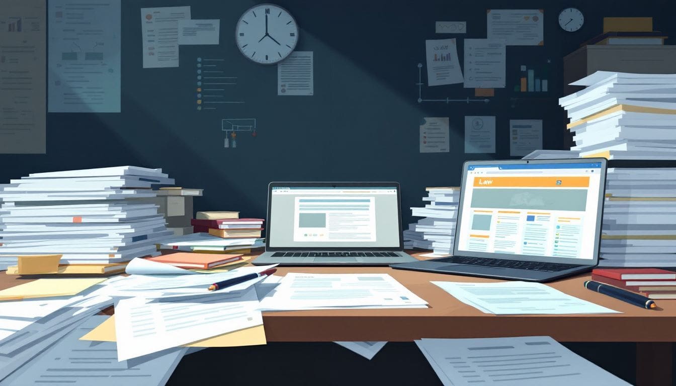 Een rommelig kantoor met stapels documenten en een open laptop.