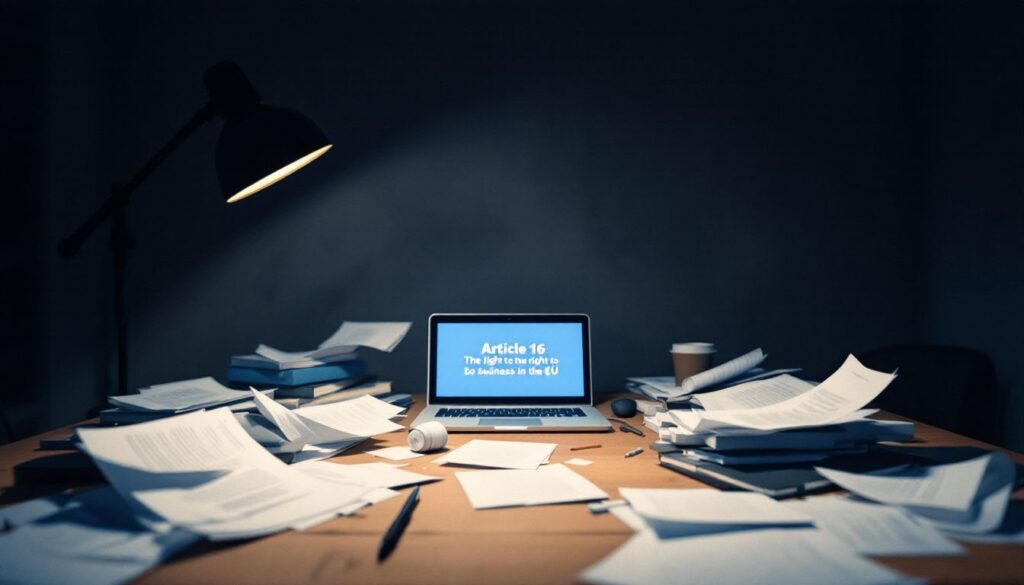 Een rommelig bureau met juridische documenten en een laptop.