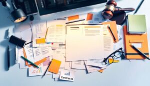 Een rommelig kantoorbureau met juridische documenten en financiële rapporten.