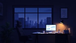 Een leeg kantoor met een donkere en sombere sfeer.