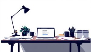 Een rommelig kantoor met laptop en papierwerk op het bureau.