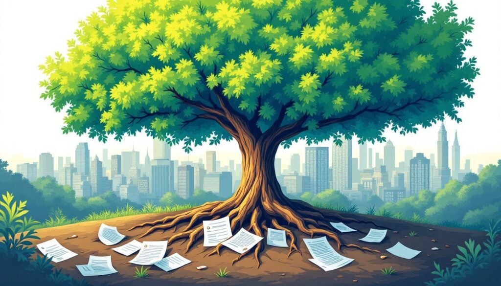 Een symbolische voorstelling van een bedrijfsfundament met een eikenboom, documenten en een stadsgezicht op de achtergrond.